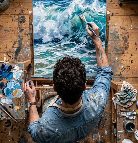 Painter finishing a large wave canvas — art live stream