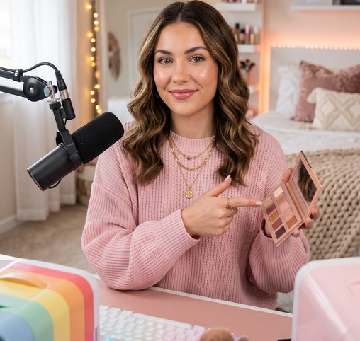 Beauty creator showing a makeup palette beside a studio microphone — talk show live stream