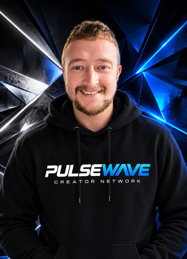 Jamie, Pulse Wave founder, wearing a Pulse Wave branded hoodie