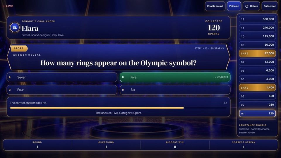 Pulse Afterglow sleep live game — a four-answer night quiz in the gold-lit arena studio with the correct answer revealed and the twelve-step reward ladder