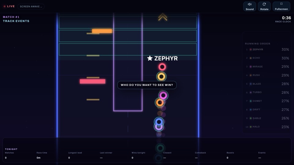 Last One Awake sleep live game — AI runners racing a neon night track past sliding bars and gates, with the live running order panel